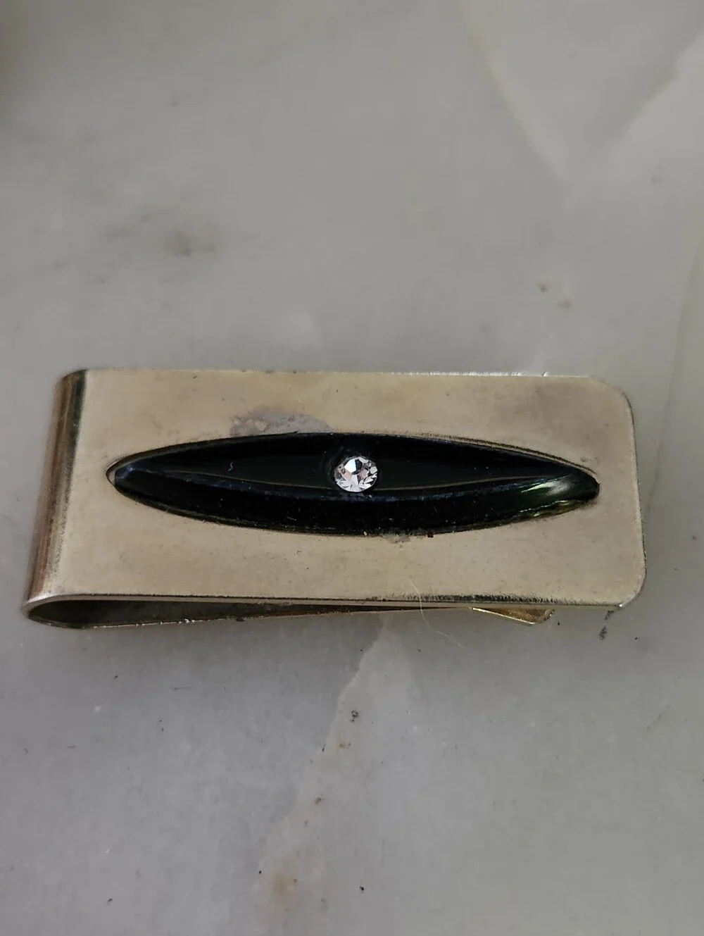Vtg Gold-Tone Money Clip with Black Inlay and Crystal Accent